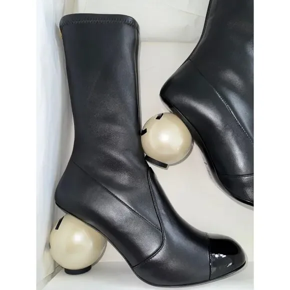 Chanel 25K Black White Pearl Ball Heel CC Logo Stretch Leather Calf Boots 37.5 - Picture 9 of 16